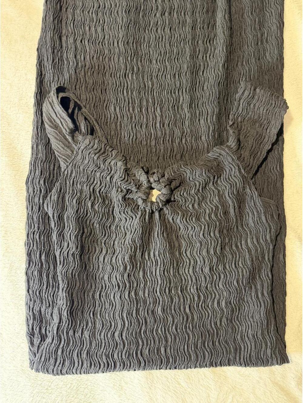 Black Textured Maxi Dress with Slit and Knot Detail